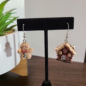 Handmade Gingerbread Man & House Dangle Drop Earrings Ladies NEW Gifts Holidays